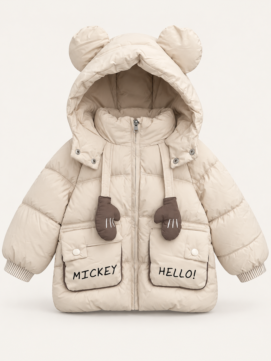 Kids Cream Mouse-Ear Hooded Puffer Jacket