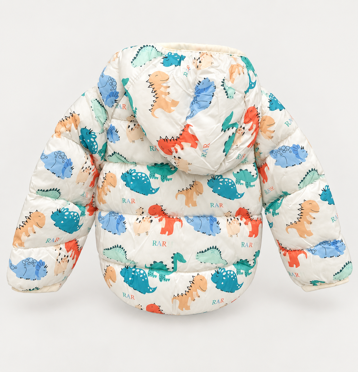 Kids Cream Dinosaur Print Hooded Puffer Jacket