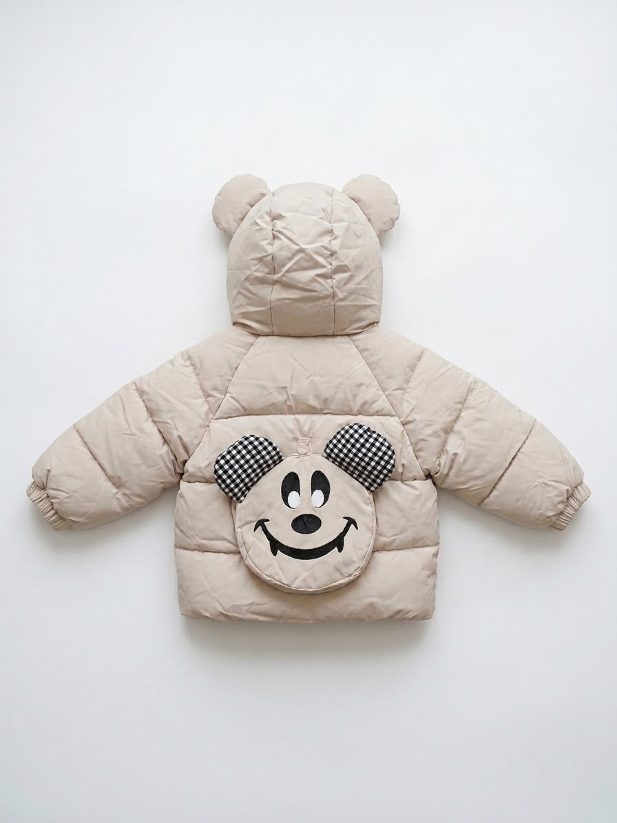 Kids Cream Mouse-Ear Hooded Puffer Jacket