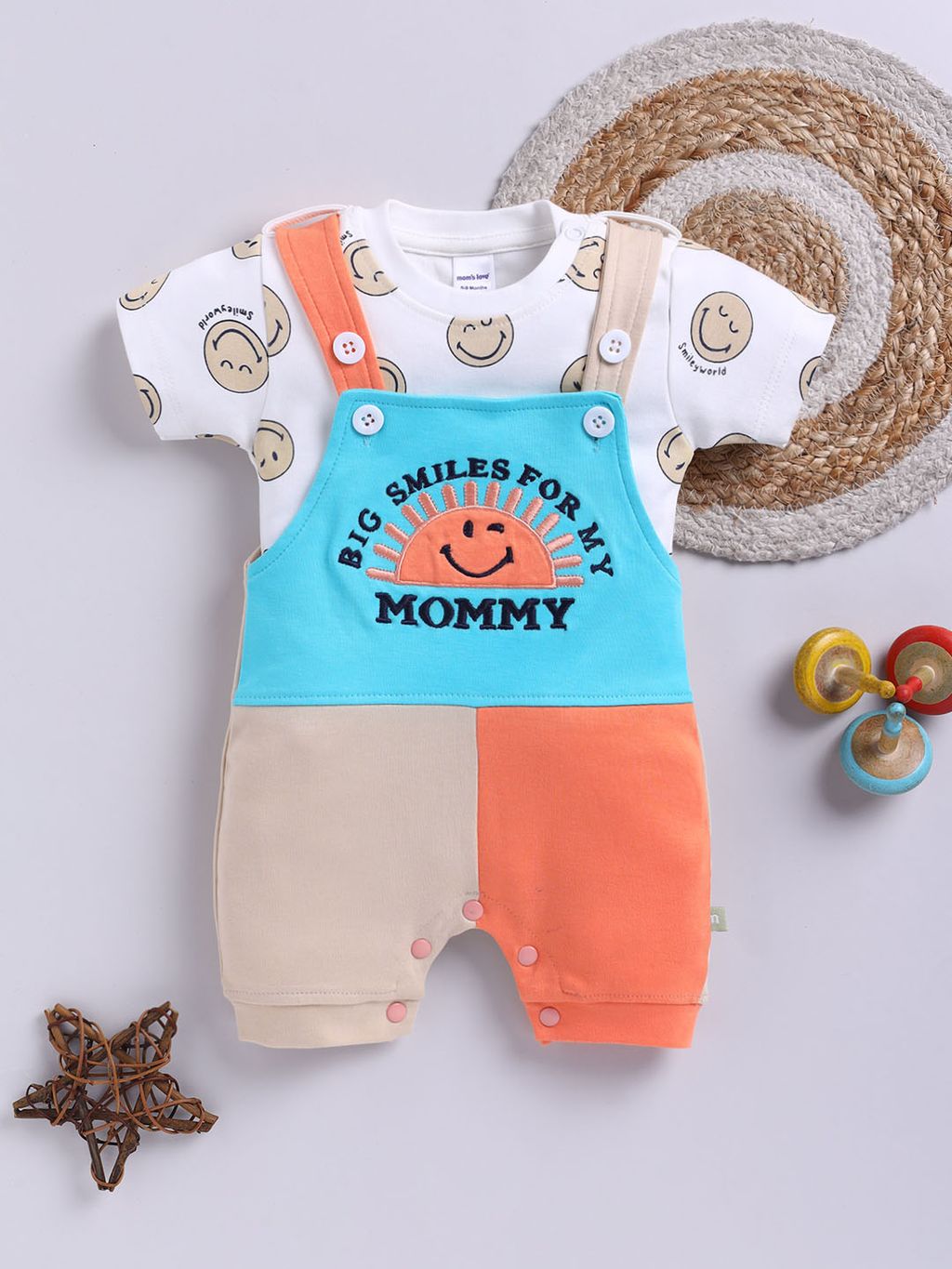 Big Smiles Baby Dungaree Set (Orange & Blue)
