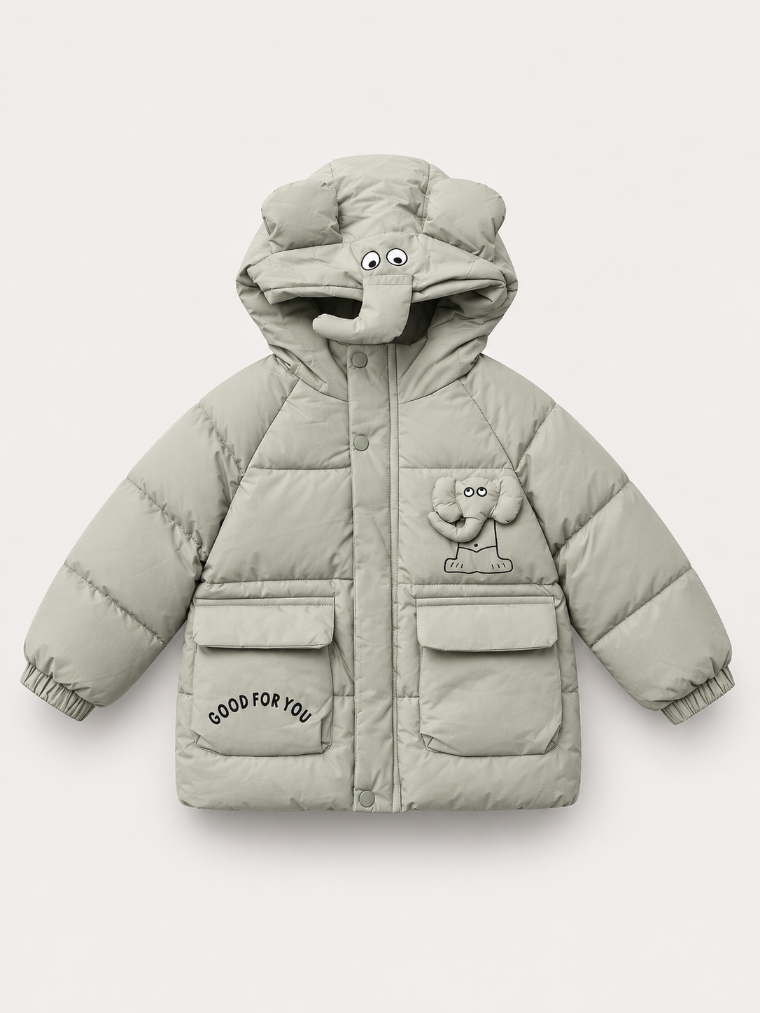 Kids Pale Sage Elephant Hooded Puffer Jacket