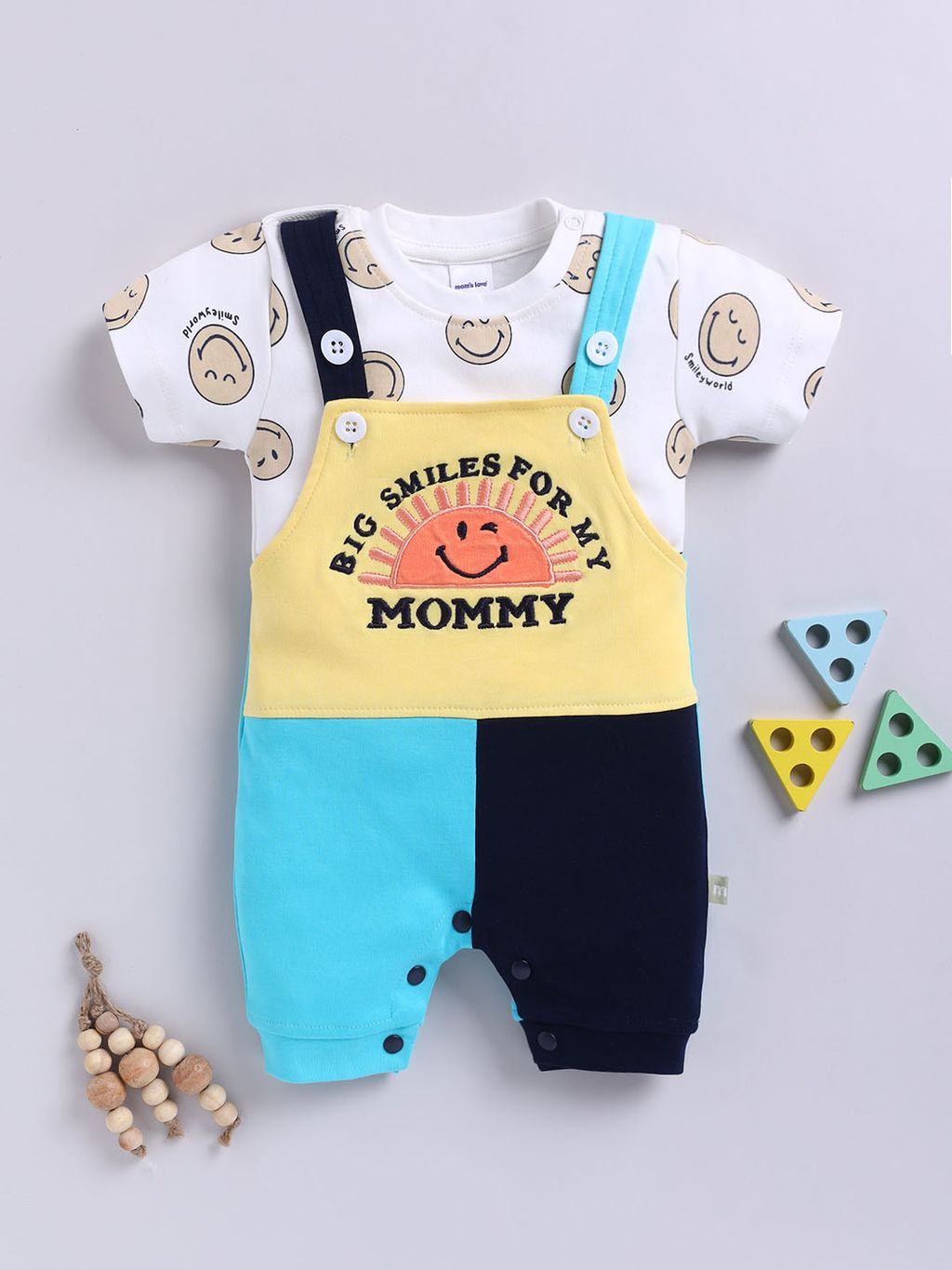Big Smiles Baby Dungaree Set (Yellow & Blue)