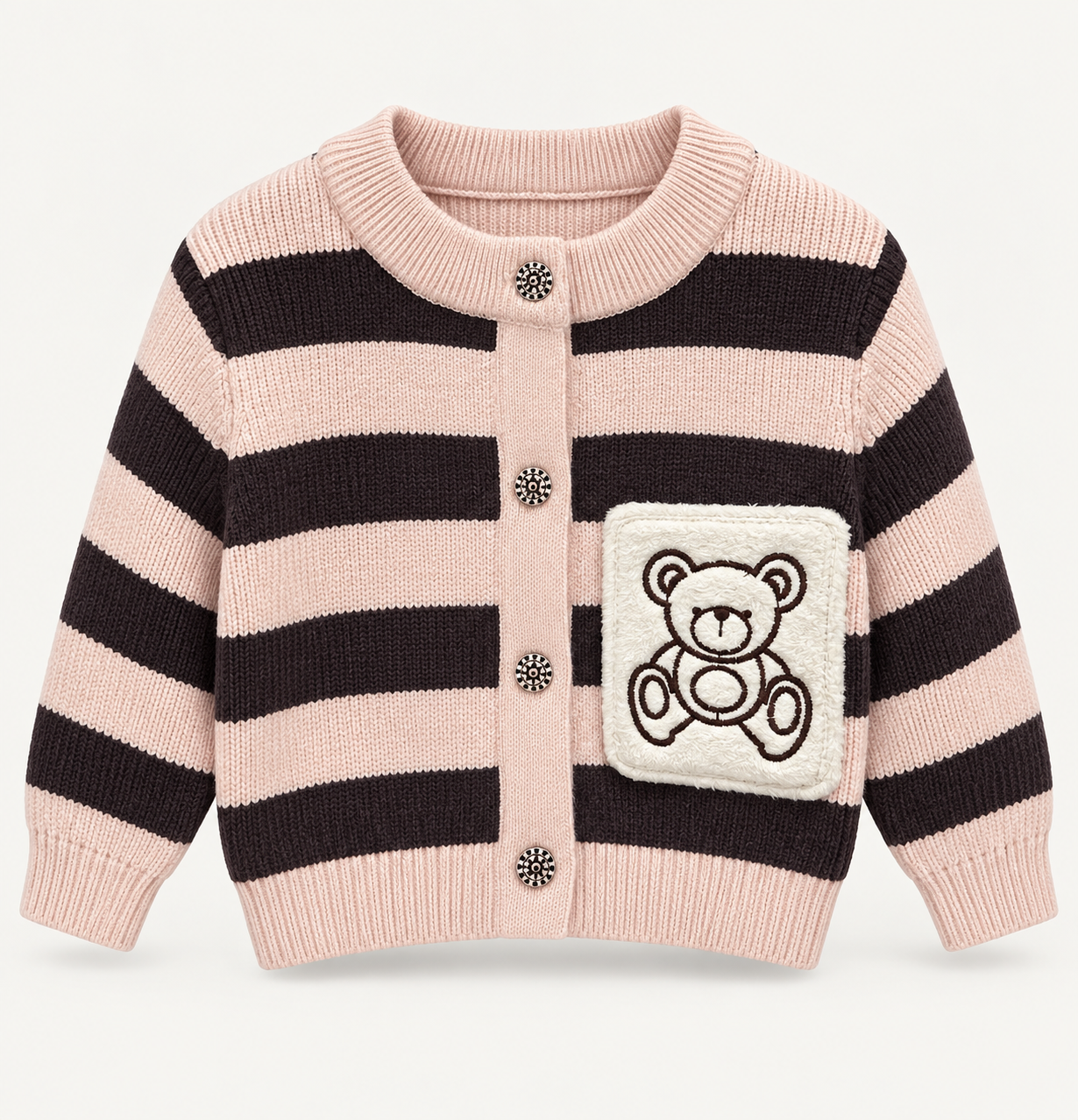 Kids Pink & Brown Stripe Teddy Bear Knit Cardigan