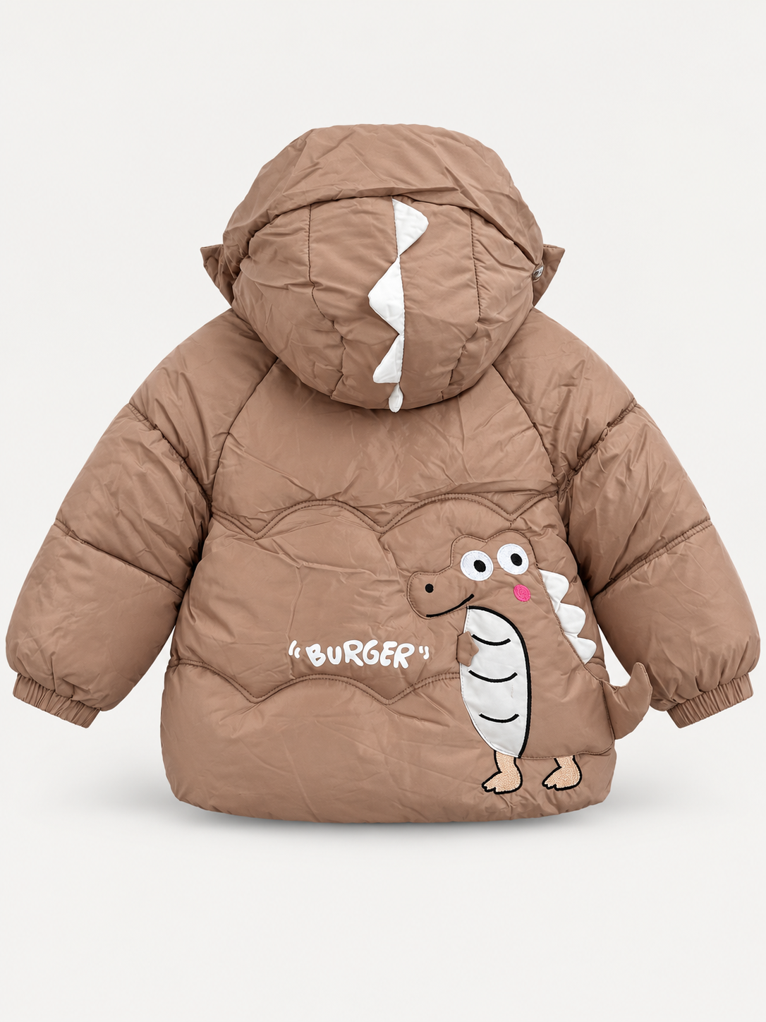 Kids Taupe Dinosaur Hooded Puffer Jacket