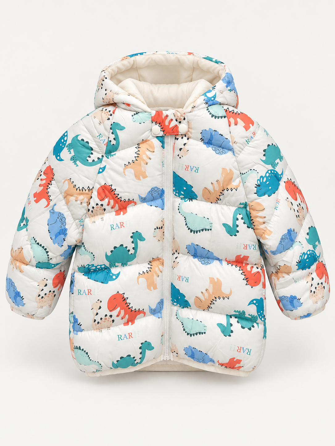 Kids Cream Dinosaur Print Hooded Puffer Jacket