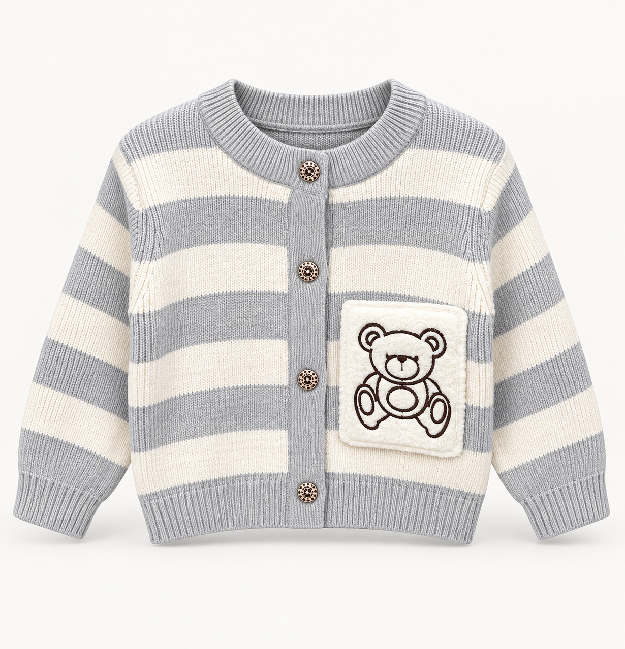 Kids Grey & Cream Stripe Teddy Bear Knit Cardigan
